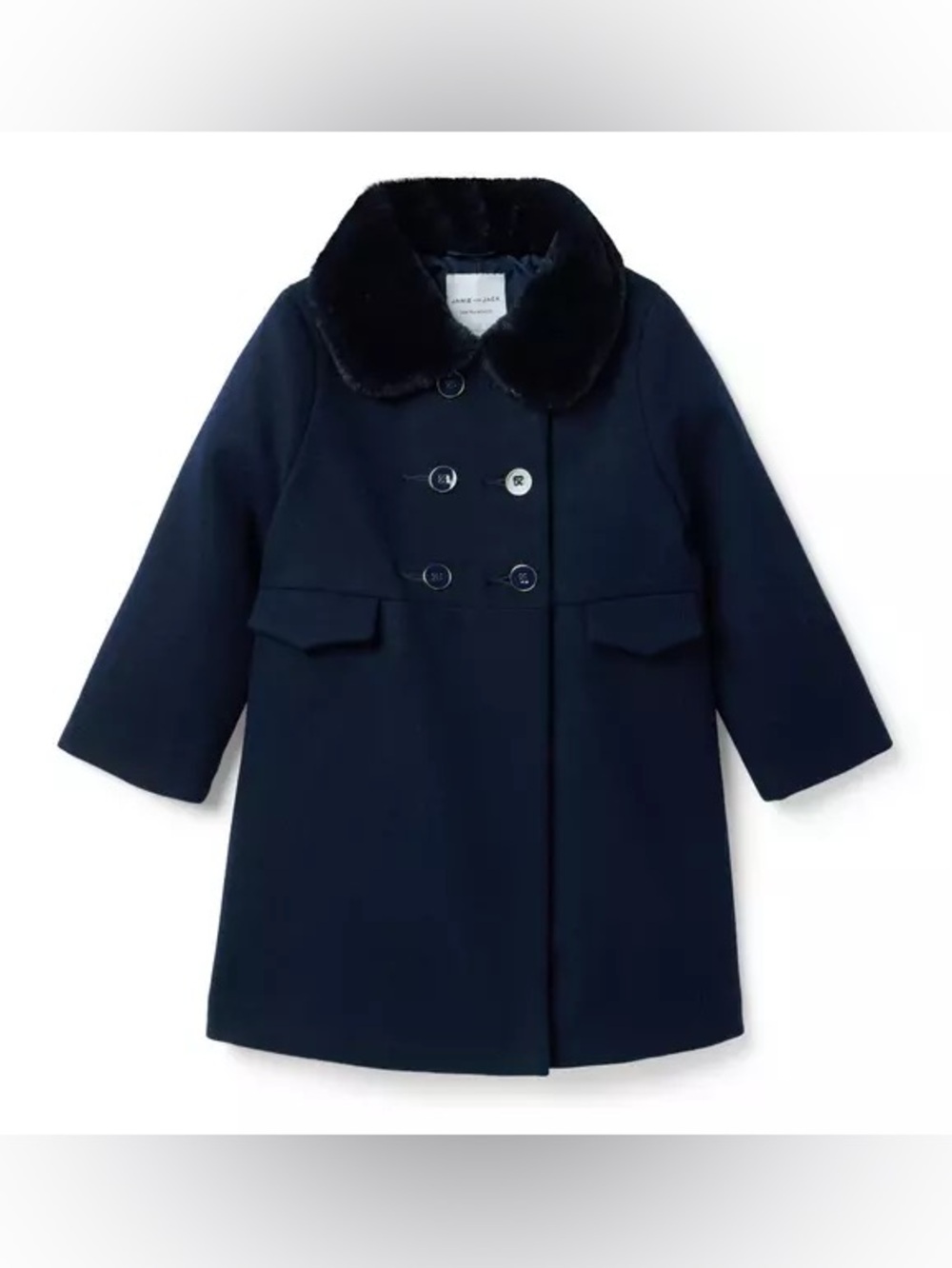 Janie and Jack Girls 10-12 Navy Faux Fur Collar Dress Coat Double Breasted